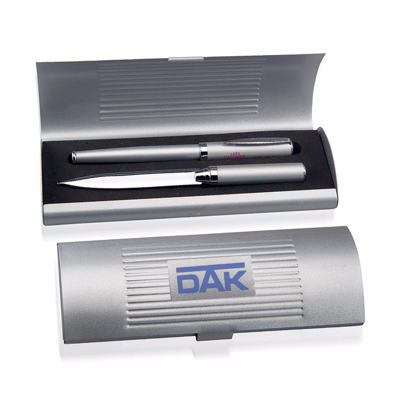 Metal Double Pen Set with Tudor Brass Letter Opener & Brass Rollerball Pen