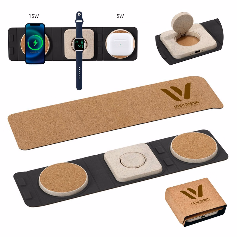 3-in-1 Wireless Travel Charger Station Foldable Natural Cork