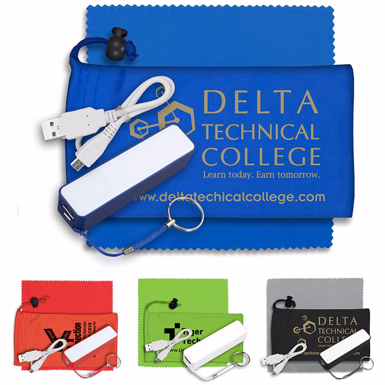 Mobile Tech Power Bank Accessory Kit in Microfiber Cinch Pouch