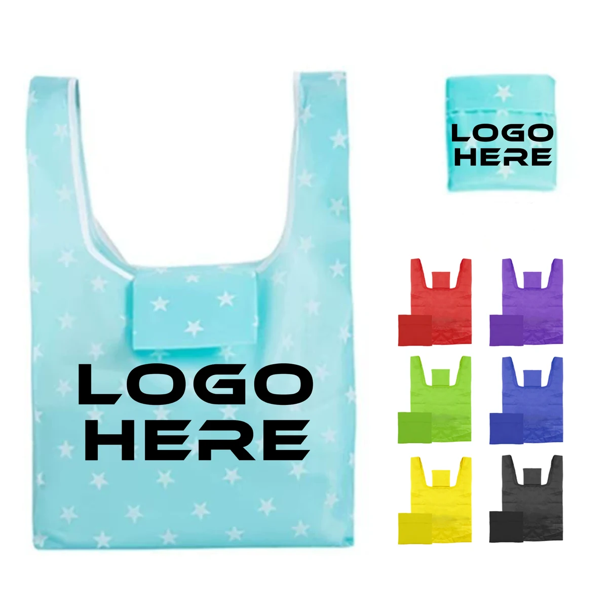 Compact Colorful Foldable Grocery Bag With Pocket, custom tote bag with logo imprint 1