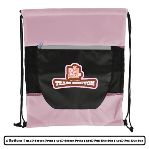 Solid Horizontal Multi-Panel Polyester Drawstring Bag With Front Zip Pocket - Screen Print, Heat Pre 1