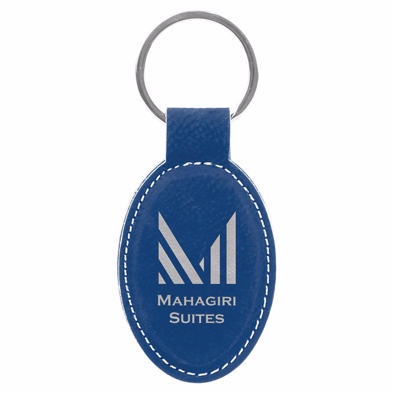 3" x 1 3/4" Blue/Silver Leatherette Oval Keychain