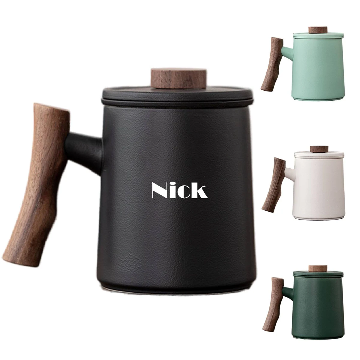 Ceramic Mug Customized with Walnut Handle Lid 1