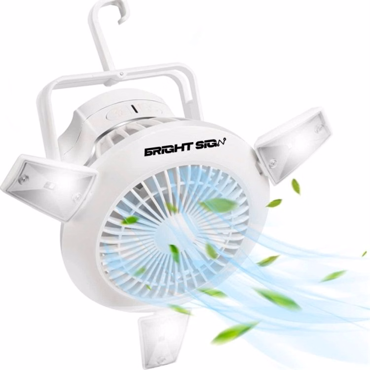 Solar-Powered Camping Fan with Hook and Light