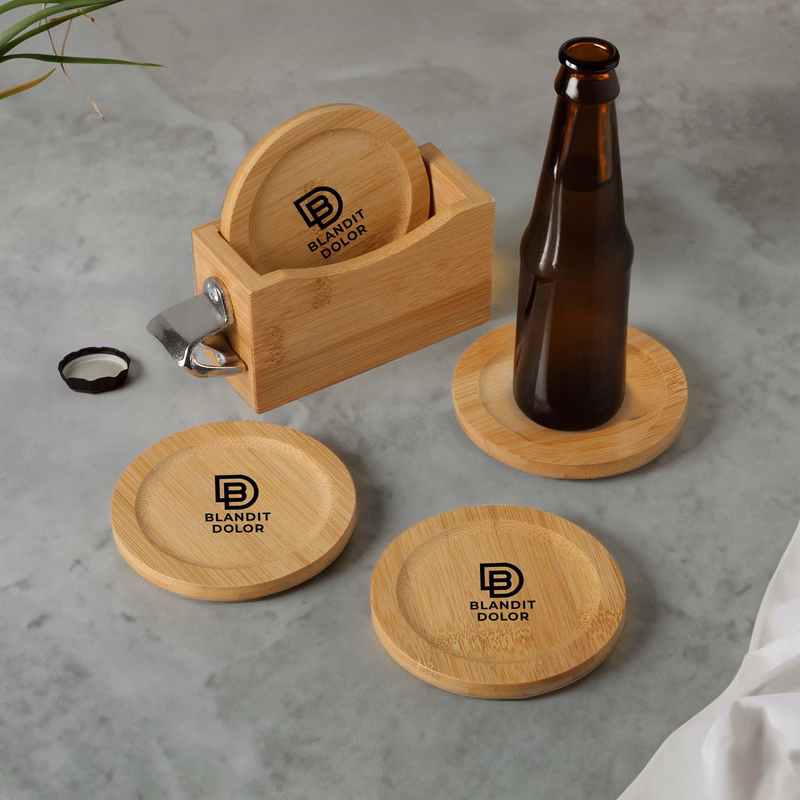 Bamboo Coaster Set w/ Bottle Opener