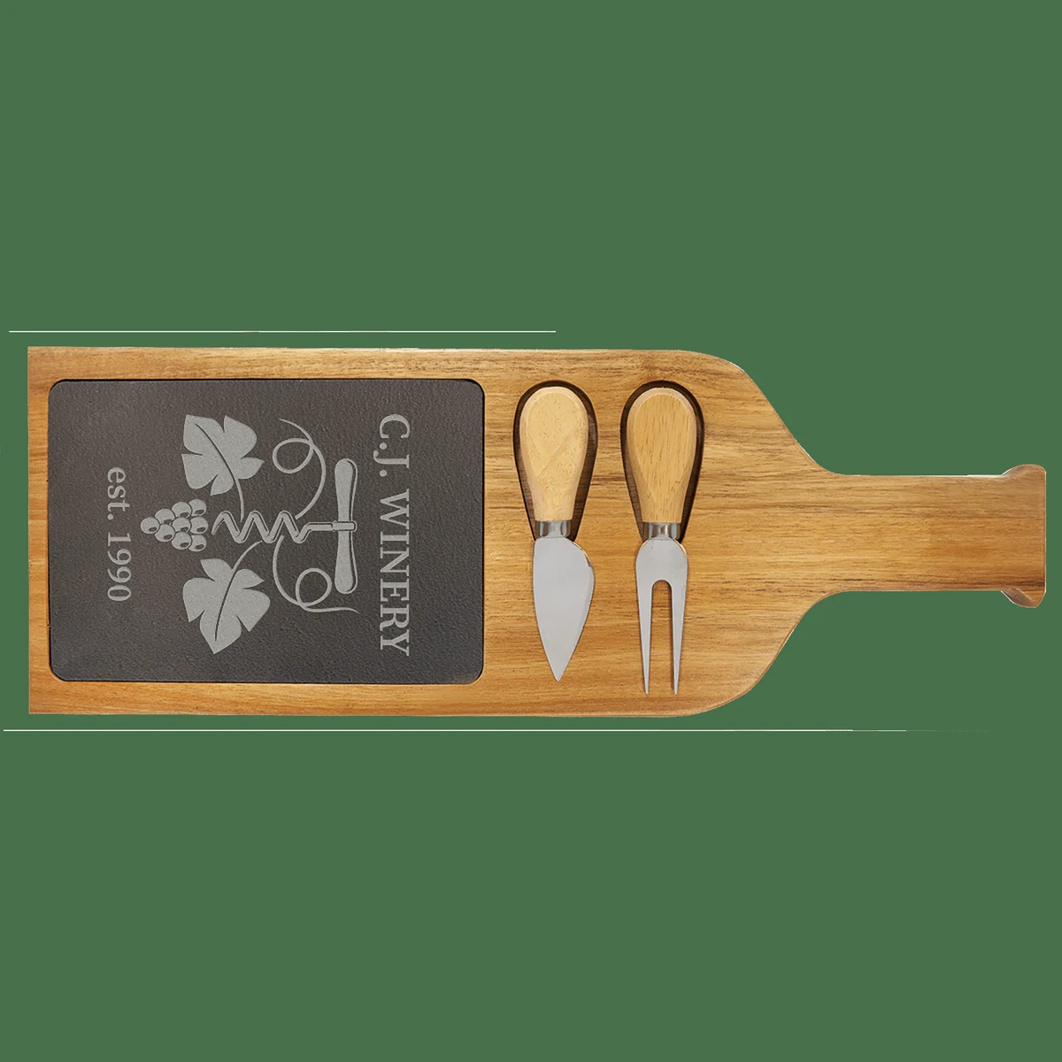 17 1/2" x 6" Acacia Wood/Slate Serving Board with Two Tools 1