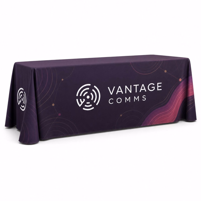 Sublimated Table Cloth for 8' Table, Drape Style, 3 sided, Open Back