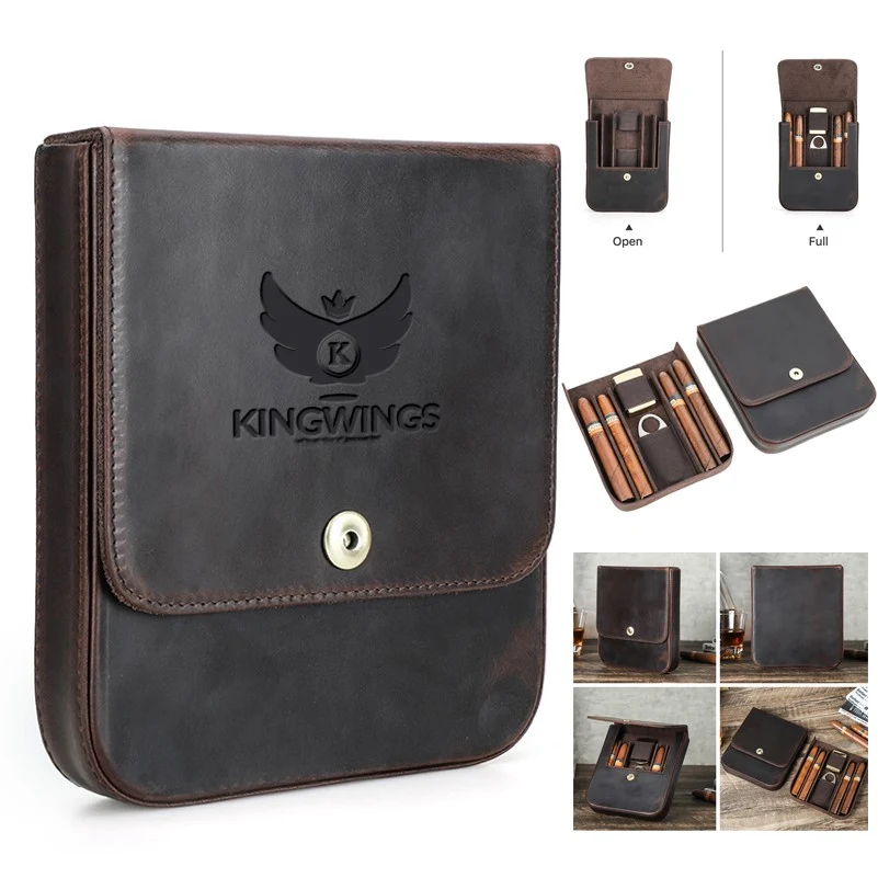 4 Slot Cigar Case Travel Full Grain Leather Cigars Humidor Box 1