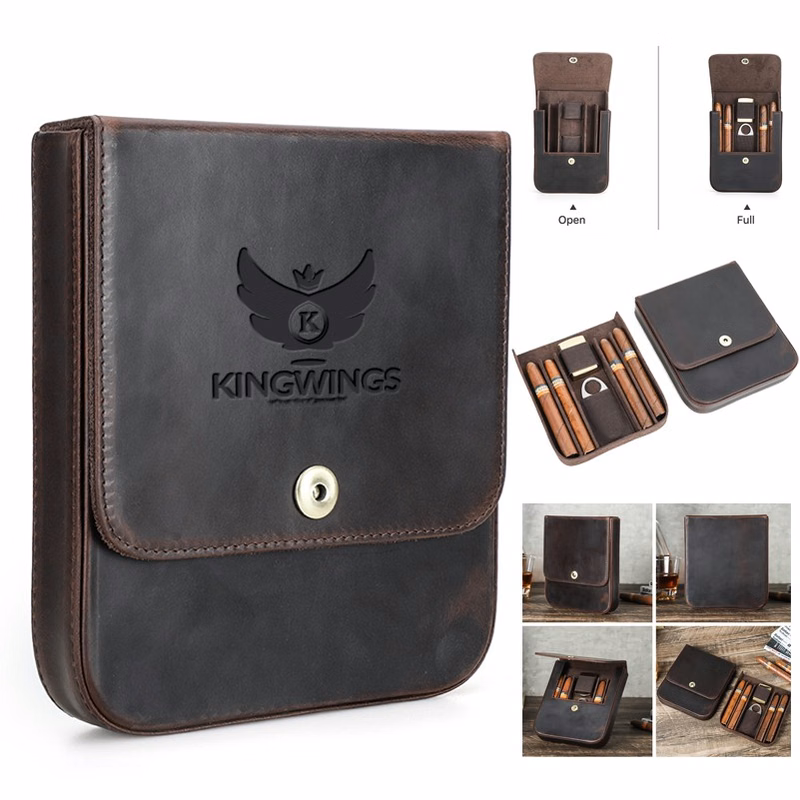 4 Slot Cigar Case Travel Full Grain Leather Cigars Humidor Box