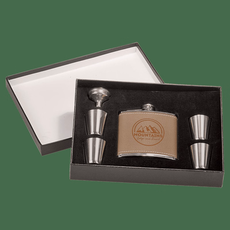 6 oz. Leather Flask Set in Black Presentation Box