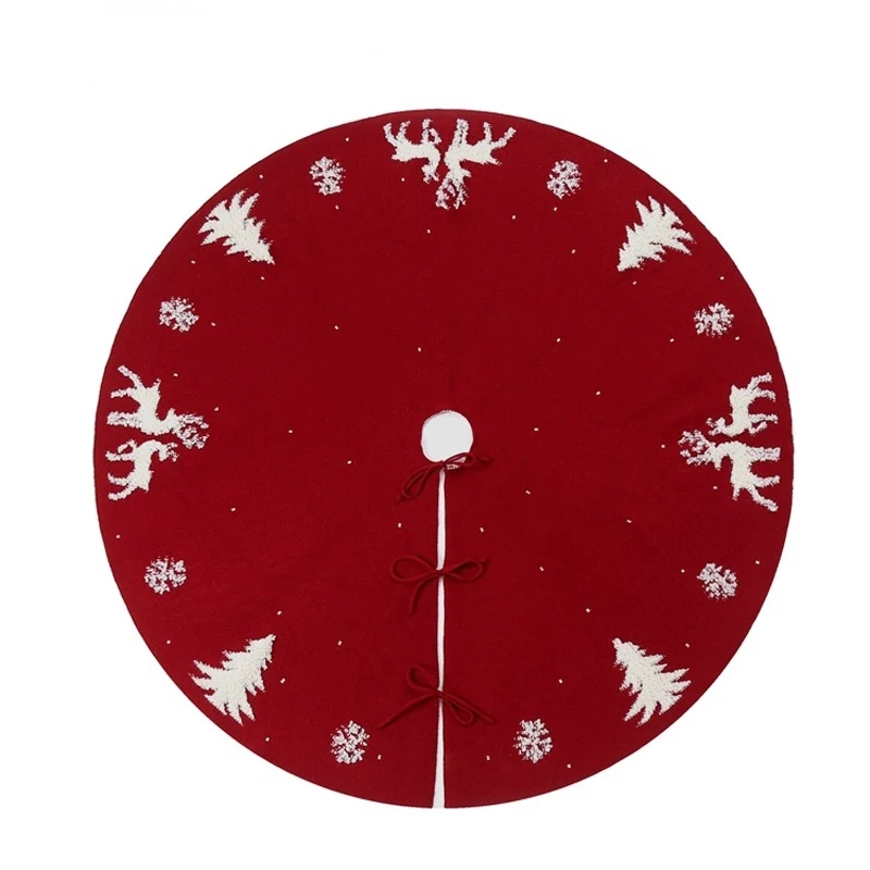 Red Knitted Christmas Tree Skirt with Snowflake & Reindeer 1