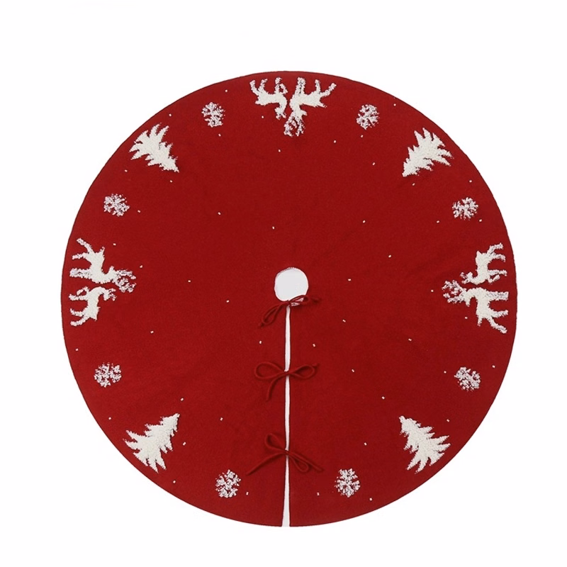 Red Knitted Christmas Tree Skirt with Snowflake & Reindeer