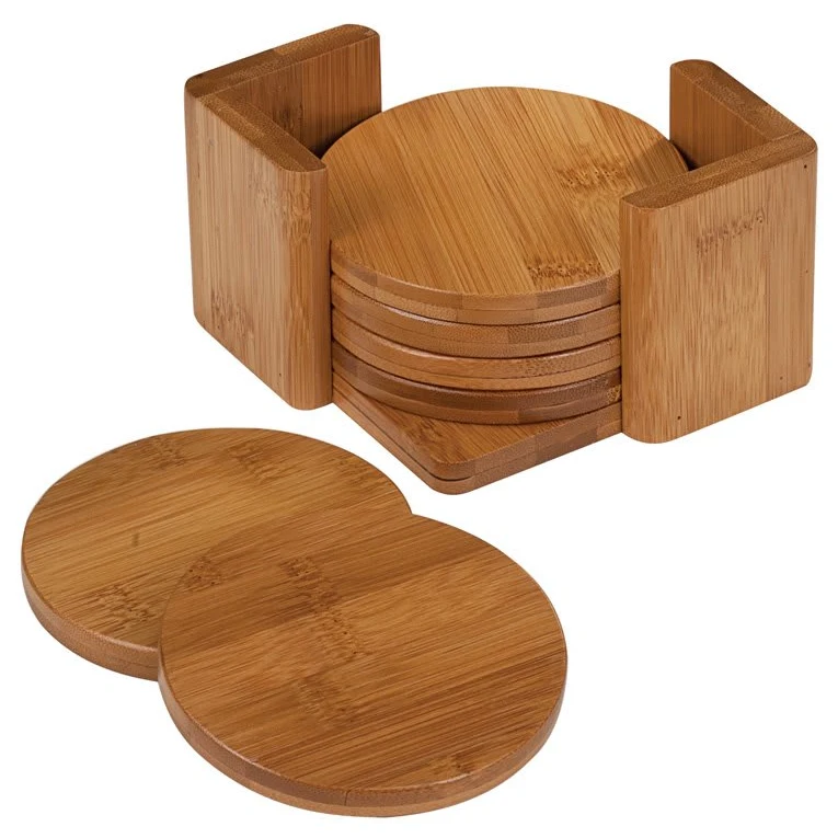 3 3/4" Bamboo Round 6-Coaster Set with Holder 1