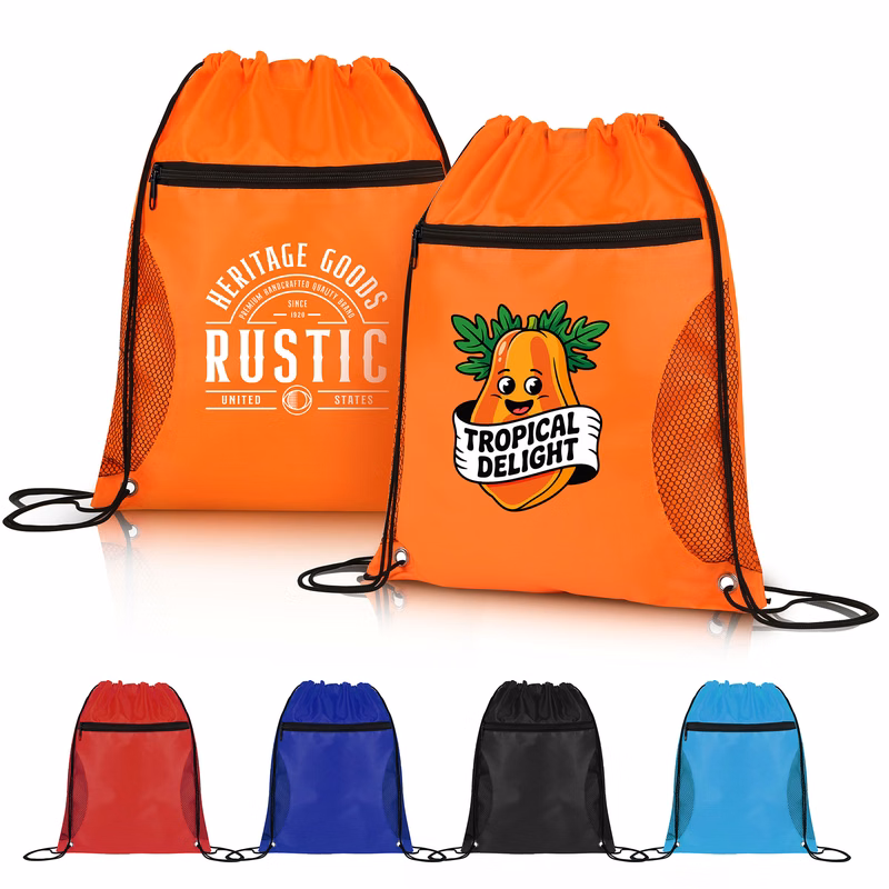 Drawstring Sports Backpack With Mesh-Sided Front Zipper Pocket