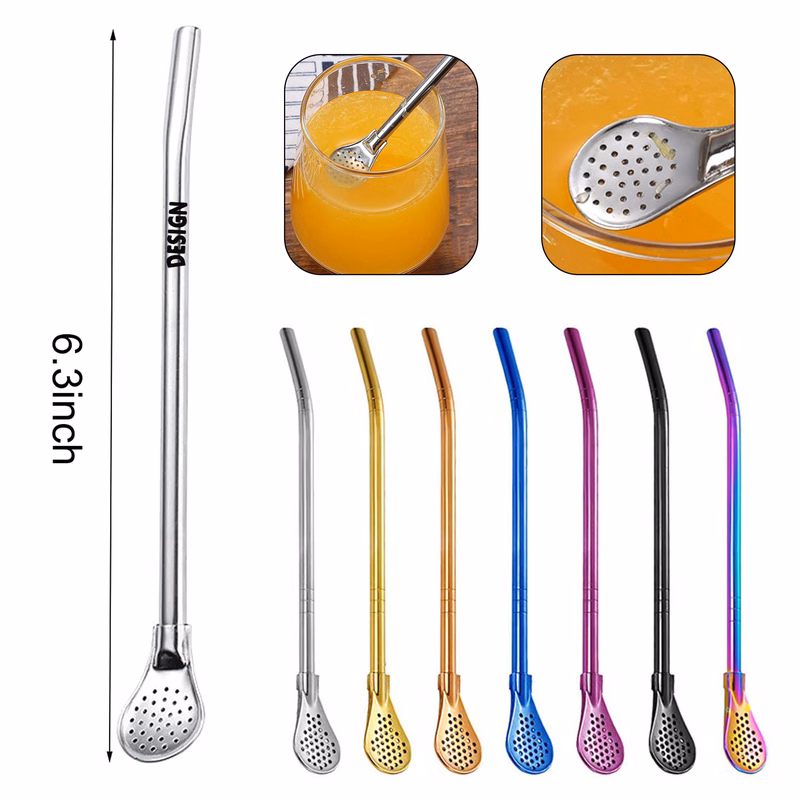 Reusable Stainless Steel Drinking Straws Spoon