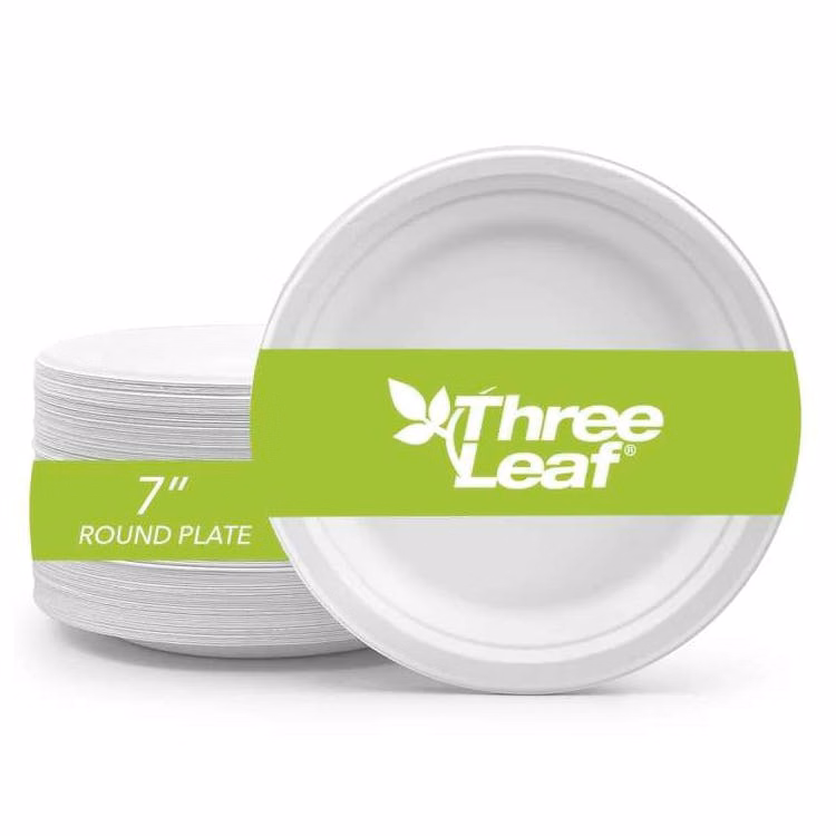 Three Leaf 7" Bagasse Round Plates 50 Pack