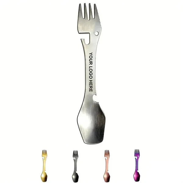 Custom 4-in-1 Stainless Steel Travel Utensil Fork Spoon Bottle Opener Knife — Camping Gear 1