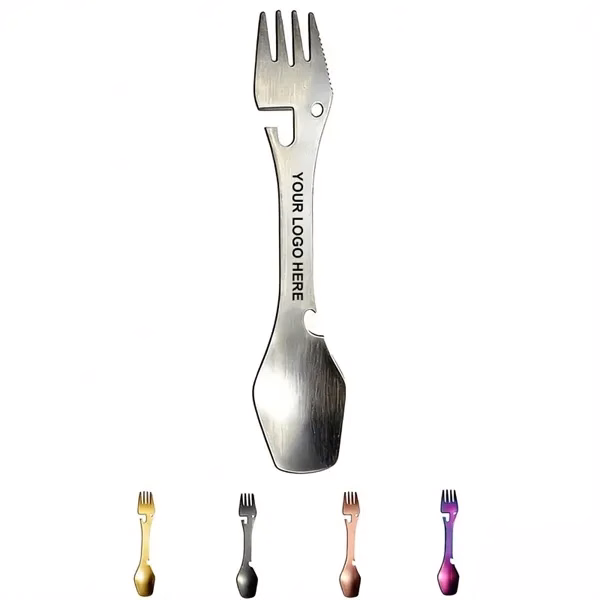 Custom 4-in-1 Stainless Steel Travel Utensil Fork Spoon Bottle Opener Knife — Camping Gear