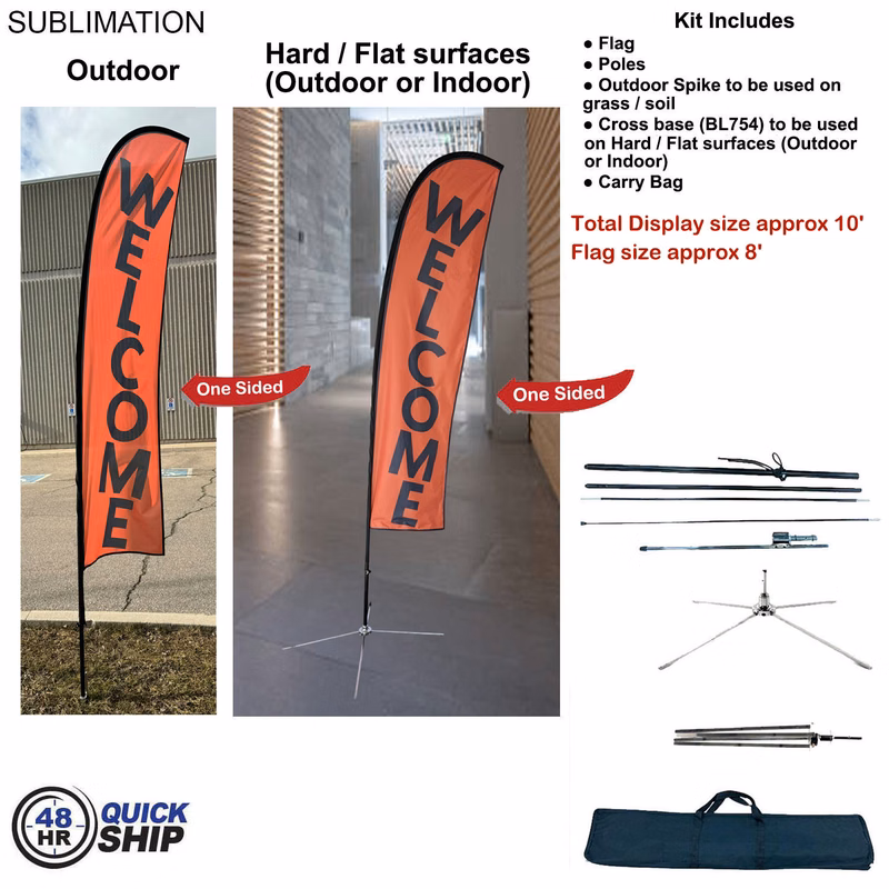 48Hr Quick Ship - 10' Small Feather Flag Kit, Full Color Graphics One Side, Outdoor & Indoor bases