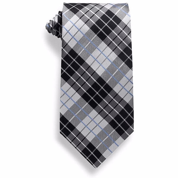 Gray and Black Plaid Polyester Tie