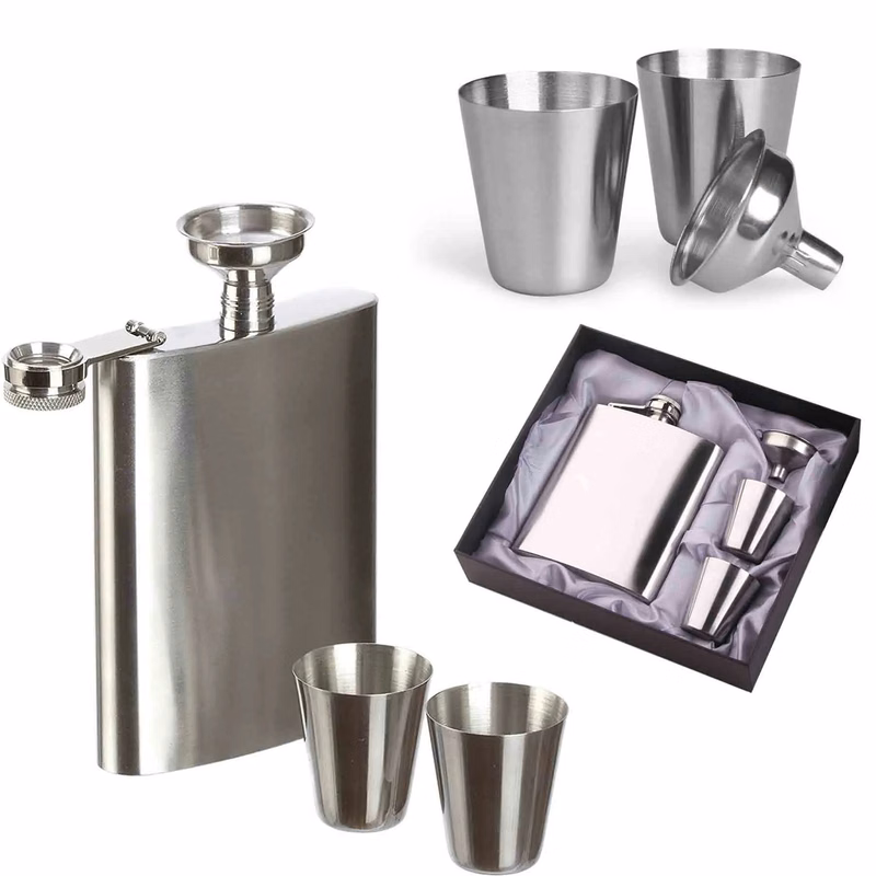 Silver Stainless Steel Leak Proof Hip Flask Set