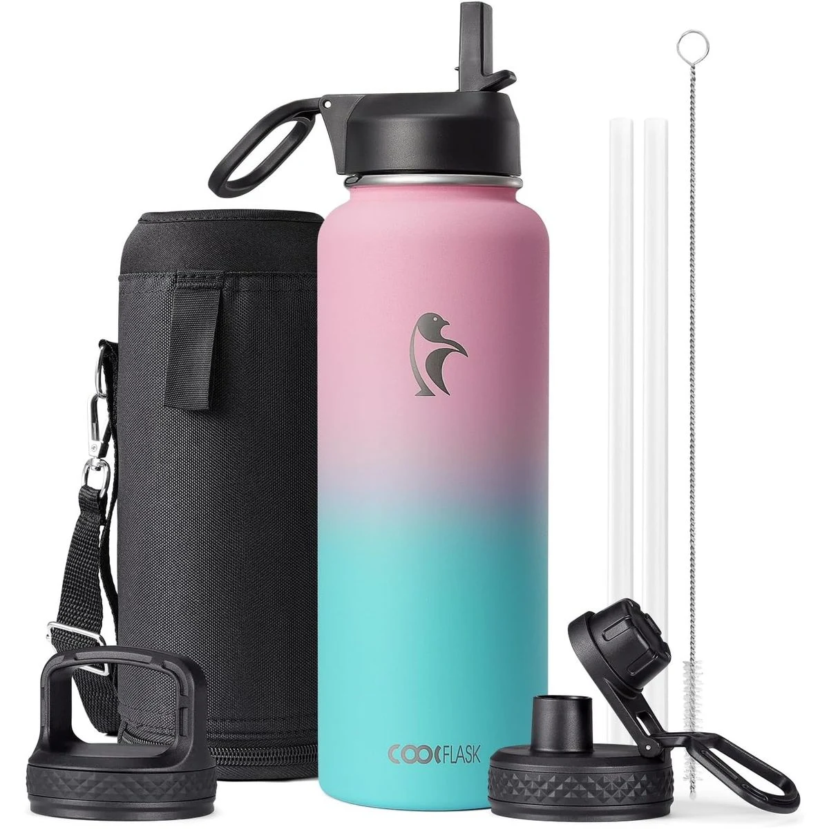 32 oz Insulated Water Bottle with Straw&3 Lids, Coolflask Stainless Steel Metal Flask Wide Mouth, custom water bottle with logo imprint 1