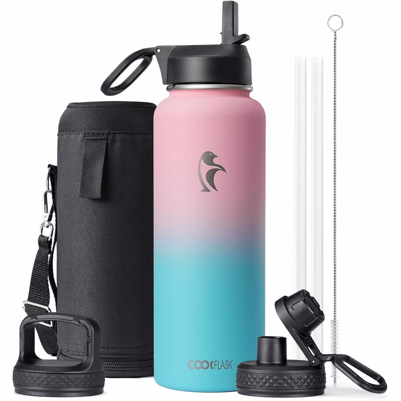 32 oz Insulated Water Bottle with Straw&3 Lids, Coolflask Stainless Steel Metal Flask Wide Mouth