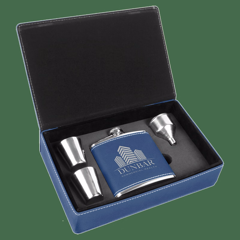 6 oz. Blue/Silver Leatherette Flask Gift Set