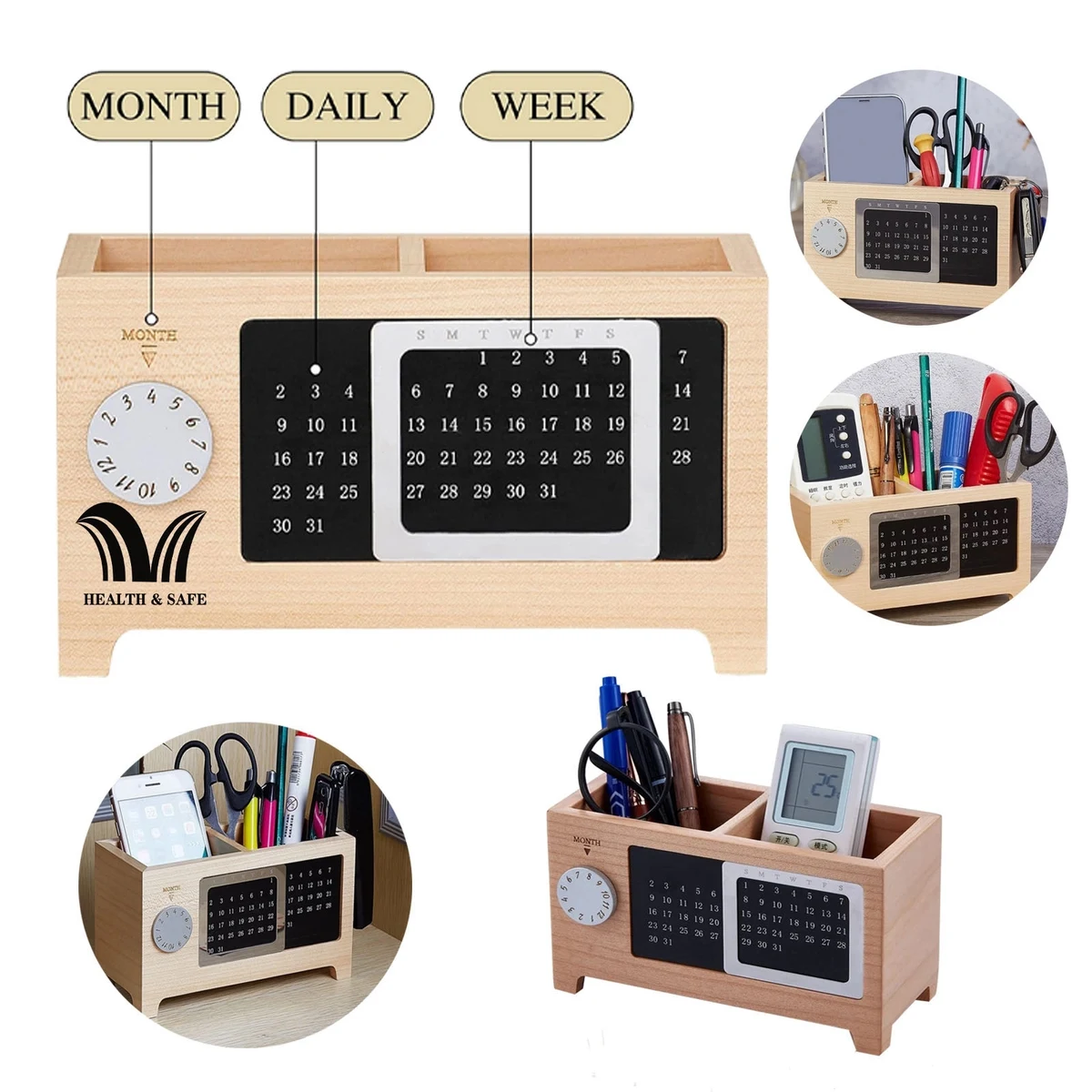 Wooden Perpetual Calendar Pen Holder Storage Box 1