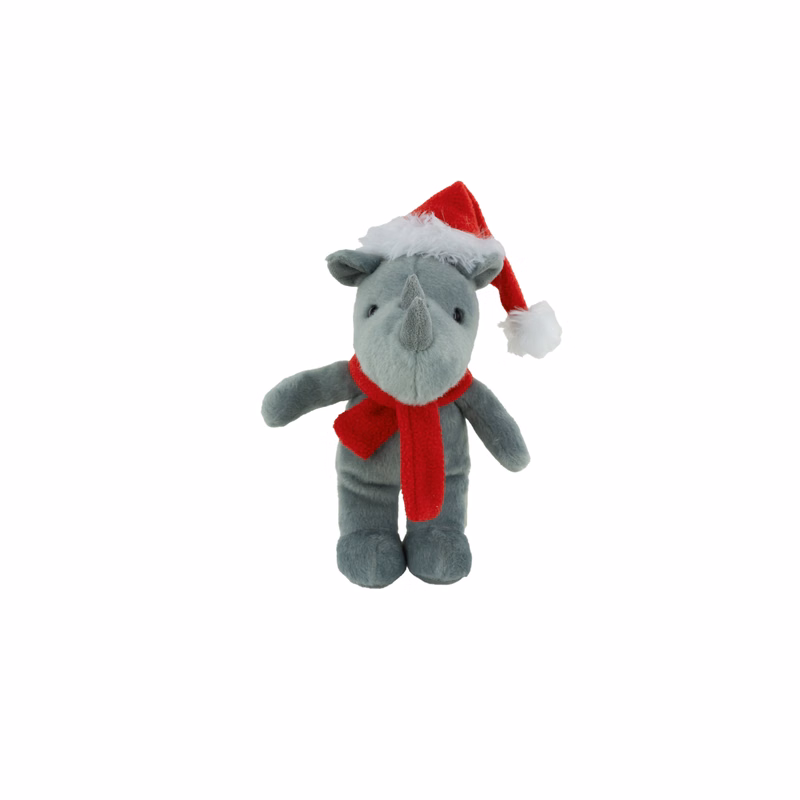 Plush Rhino with Christmas Hat & Scarf