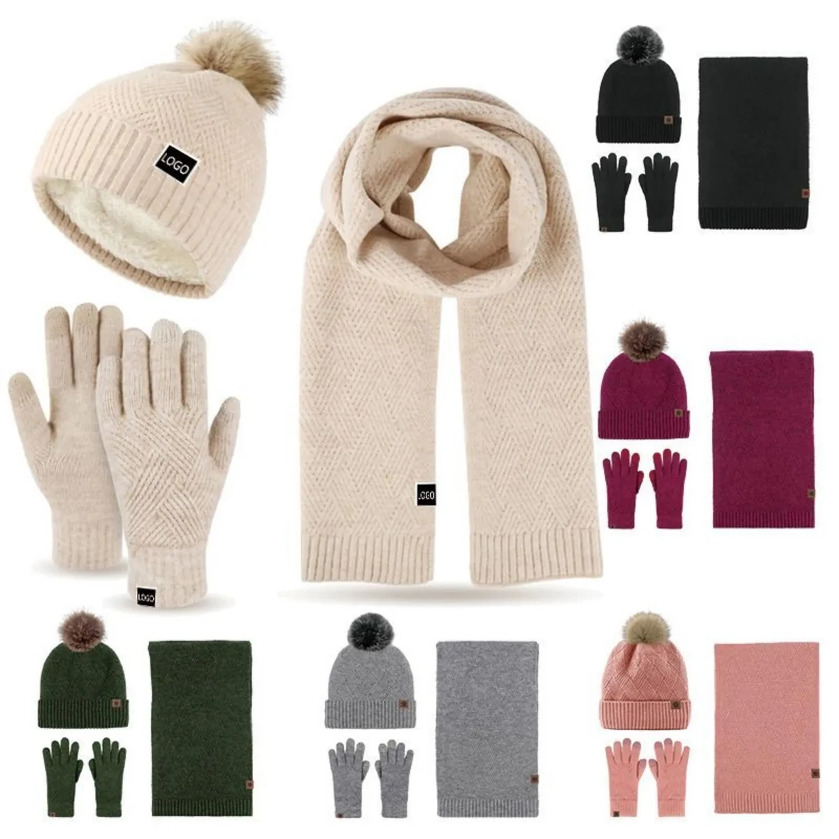 Three-Piece Thick Woolen Knitted Beanie Scarf And Gloves Set 1