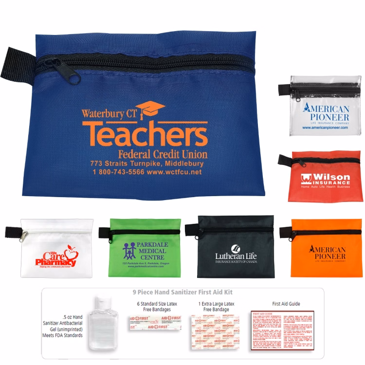 "SaniTime" 9 Piece Hand Sanitizer Healthy Living Pack in Zipper Pouch Components inserted into Zippe