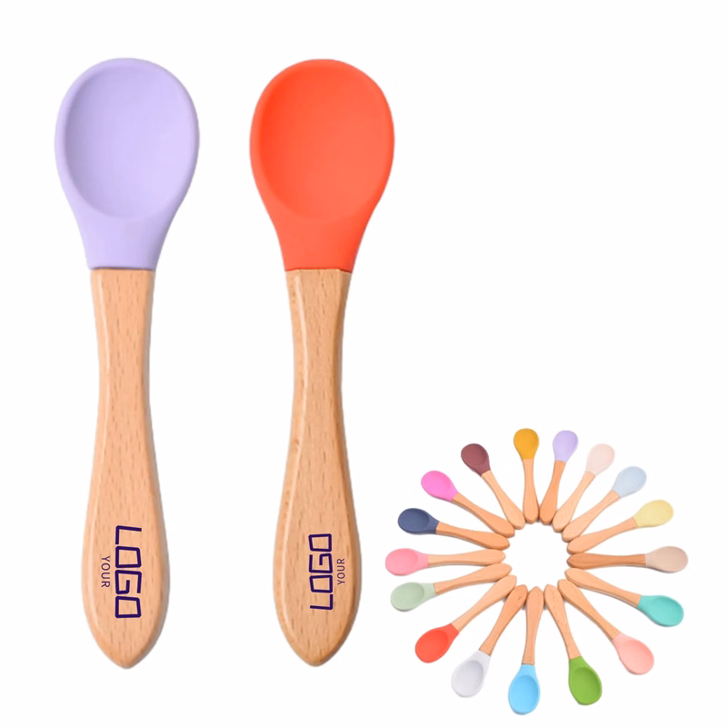 Baby Feeding Spoons Silicone With Wooden Handle