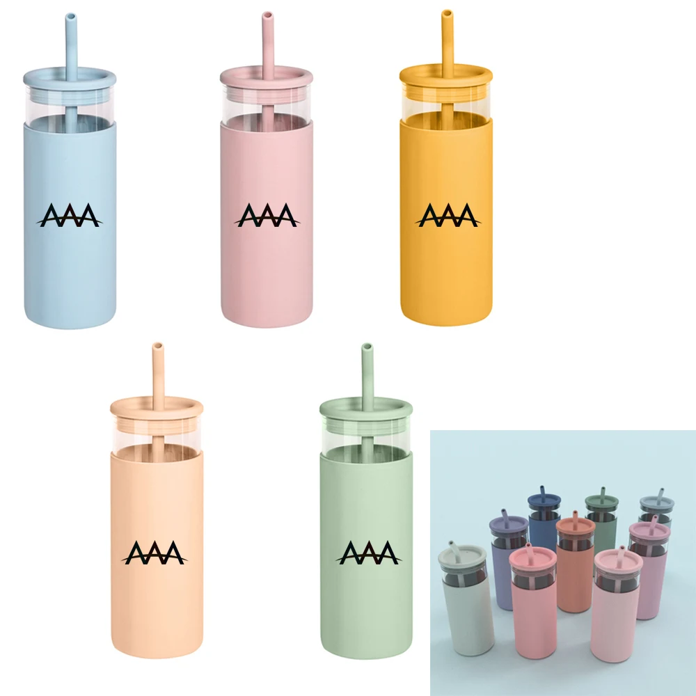 16 Oz. Glass Bottle w/ Straw & Silicone Sleeve 1