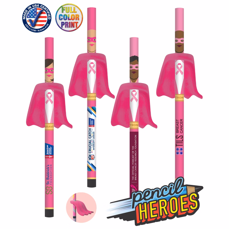 Pencil Heroes - Breast Cancer Superhero Pencils with Eraser Capes - USA Made