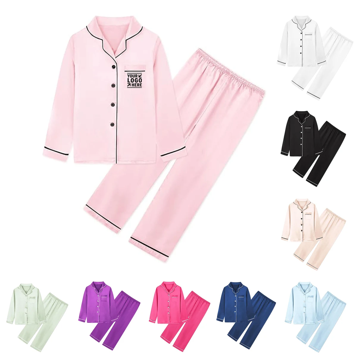 Girls Boys Women Satin Pajamas Set Long Sleeve Silky Button Down Sleepwear 1