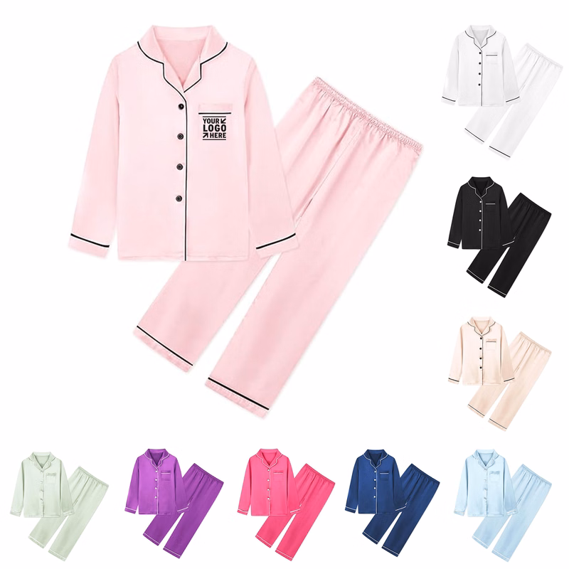 Girls Boys Women Satin Pajamas Set Long Sleeve Silky Button Down Sleepwear 