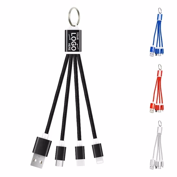 Custom Metal 4-in-1 Charging Cable With Keychain — Portable Tech Promo Gift