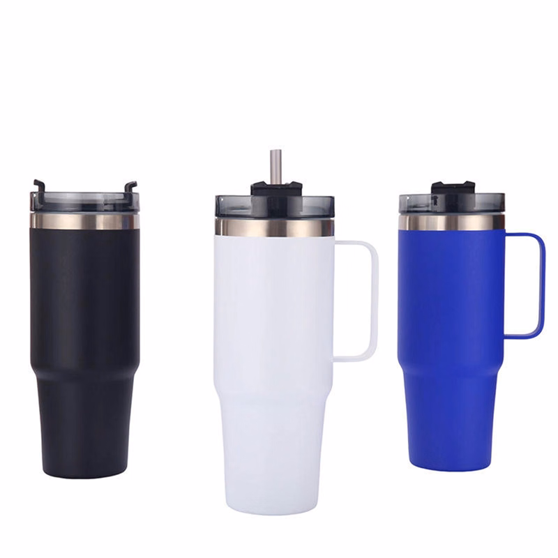 30 Oz. Double Wall Vacuum Mug with Handle & Straw