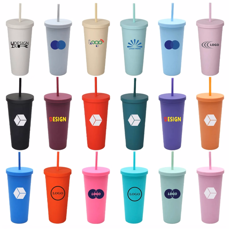 24oz Double-layer Solid Color Plastic Straw Cup