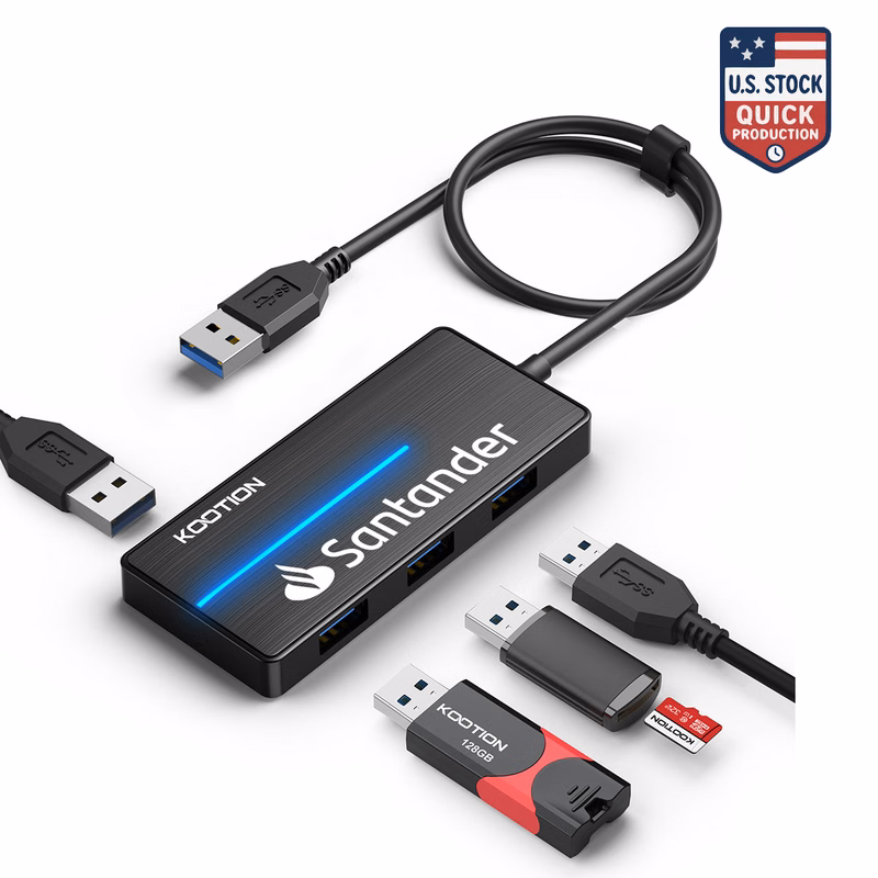 Compact 3-Port USB Hub with Blue Light