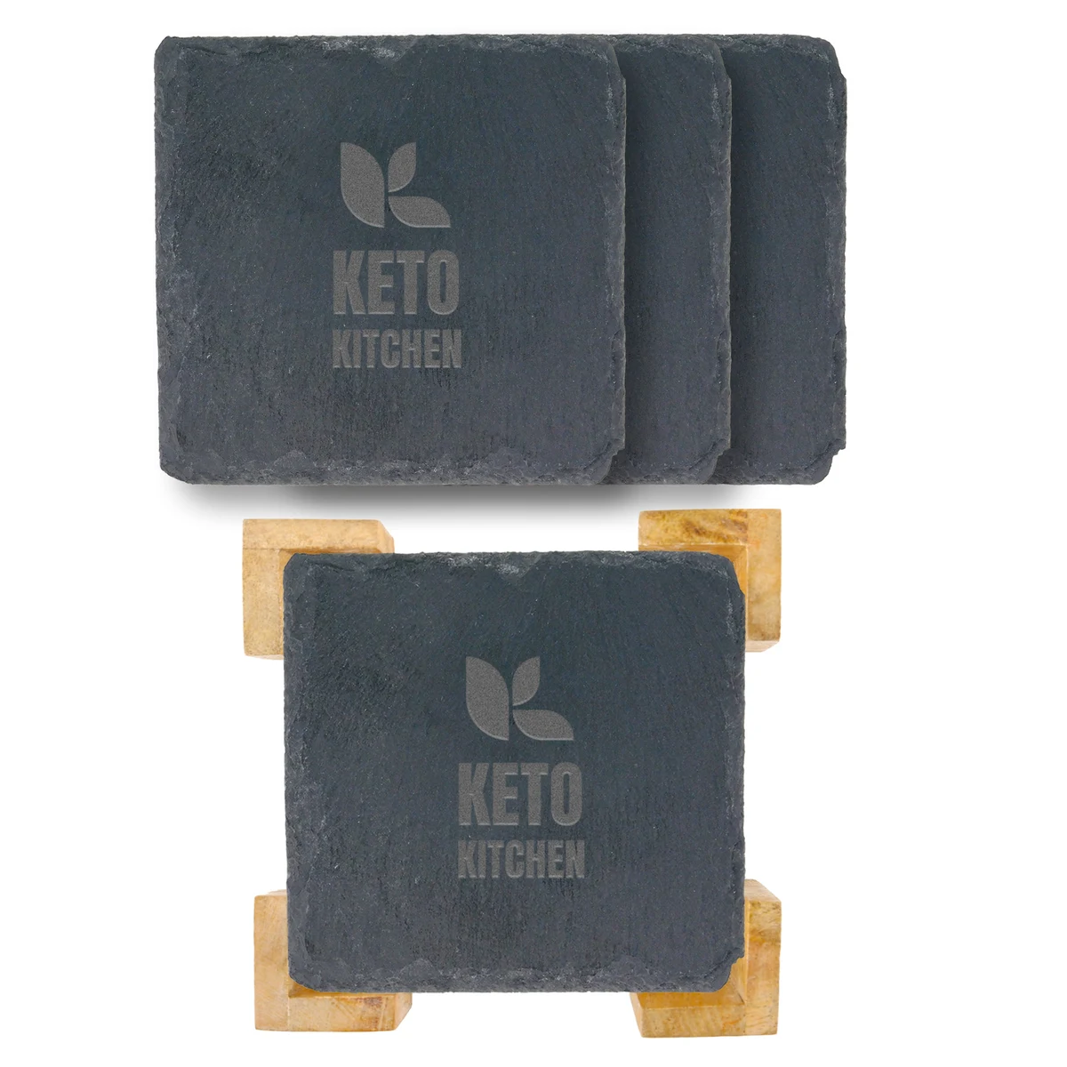4 Pc. Square Slate Coaster In Bamboo Stand 1