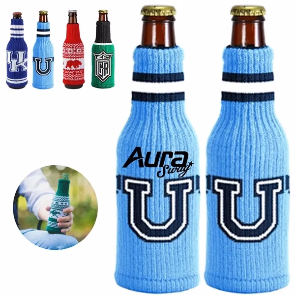 Custom Christmas Knit Bottle Cover with Festive Patterns — Holiday Drinkware