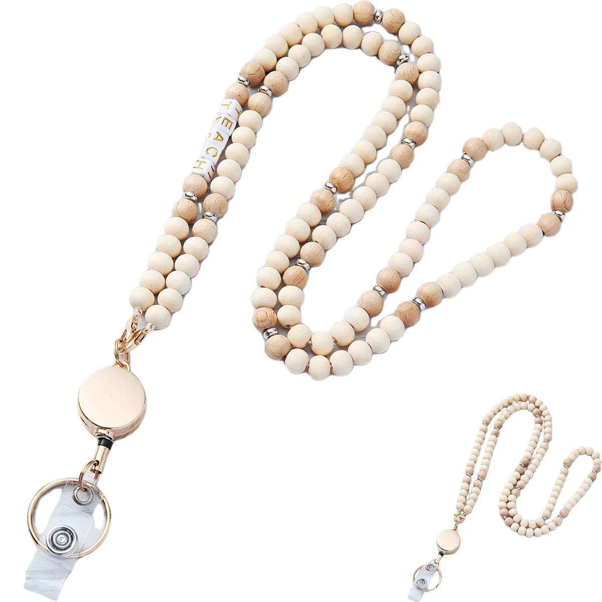 Wooden Bead Zipper Pull Retractable Lanyard Set 1