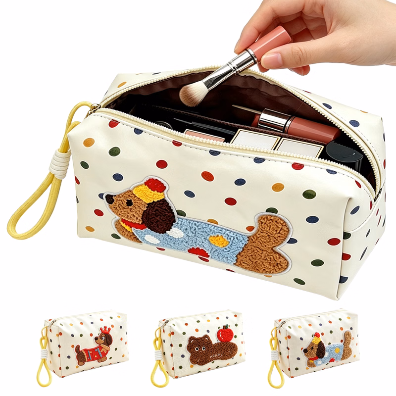 Cartoon Dot Sausage Dog Travel Cosmetic Bag