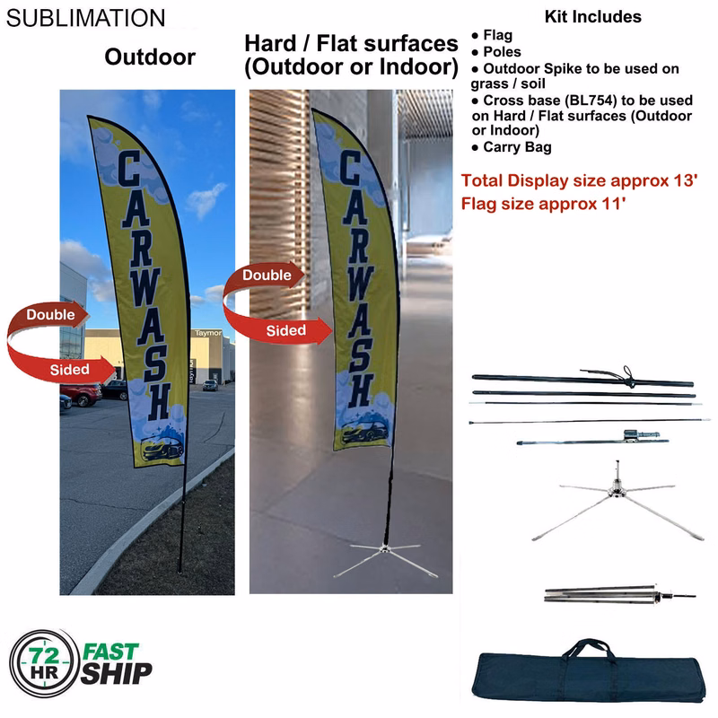 72Hr Fast Ship - 13' Medium Feather Flag Kit, Full Color Graphic Double Sided, Outdoor & Indoor base