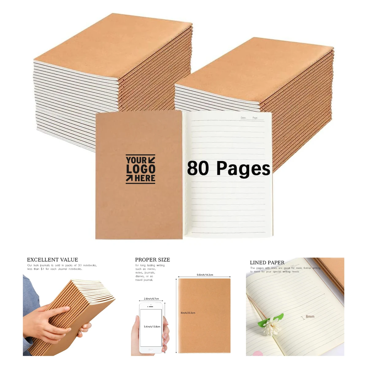 8" x 5.6" 40 Sheets Kraft Cover Lined Paper Journal 1