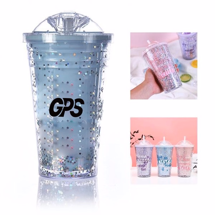 16Oz Glitter Plastic Straw Cup