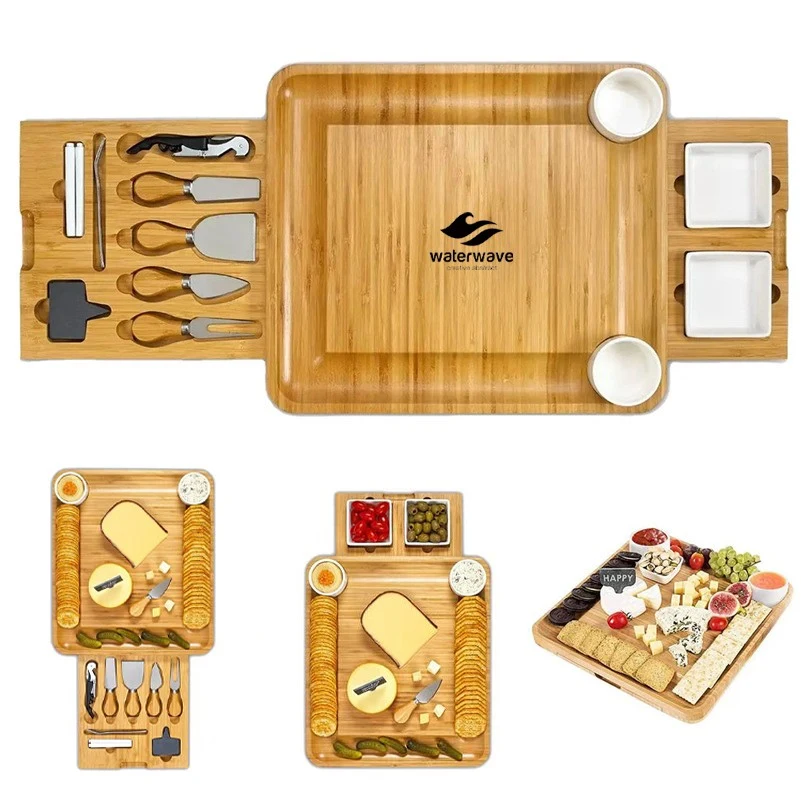 Bamboo Round Square Cheese Cutting Board With Cutlery Set 1
