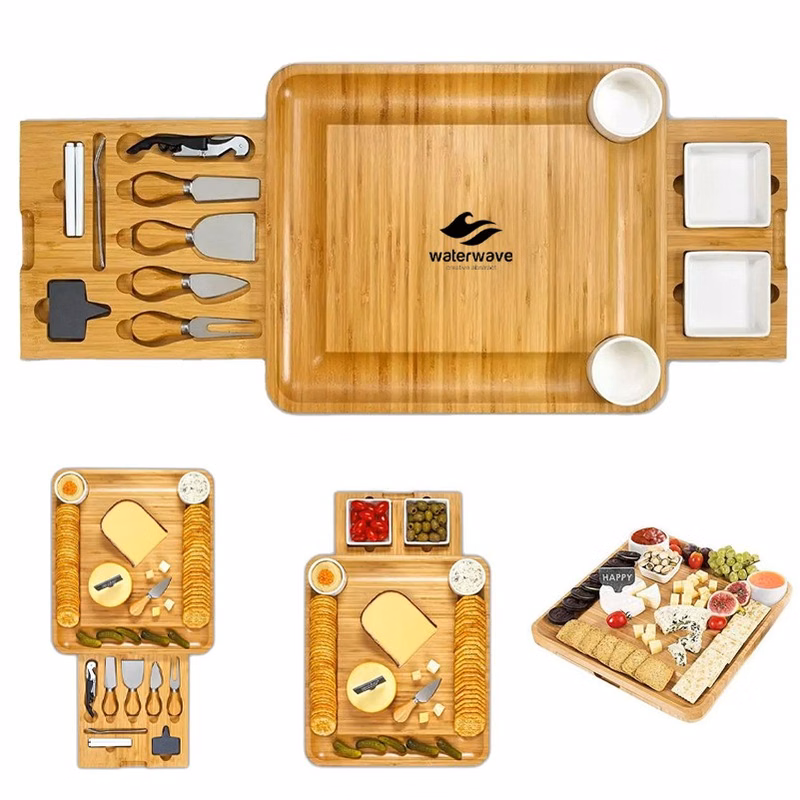 Bamboo Round Square Cheese Cutting Board With Cutlery Set